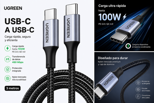 Cable USB-C a USB-C 3m 100W UGREEN Carga Rápida PD 3.0 Nylon Trenzado Negro