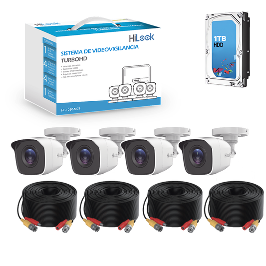 Kit de Cámaras de Seguridad de 4 Cámaras Hilook Full HD 1080p Bala color Blanco Metálicas Disco Duro 1TB