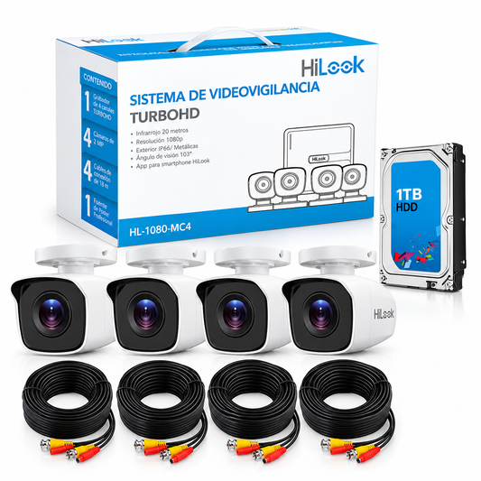 Kit CCTV HiLook de 4 Cámaras de Seguridad Interior y Exterior Cámaras de Seguridad con Vision Nocturna 1080p Disco Duro de 1TB