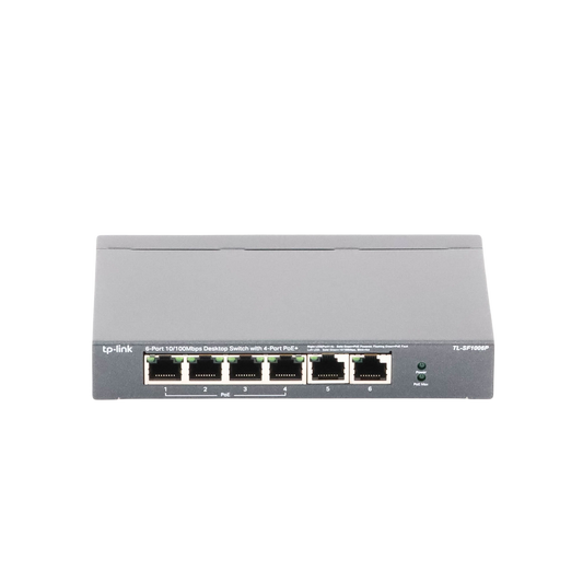 Switch PoE no Administrable de escritorio 6 puertos 10/100 Mbps, 4 puertos PoE, 67 W