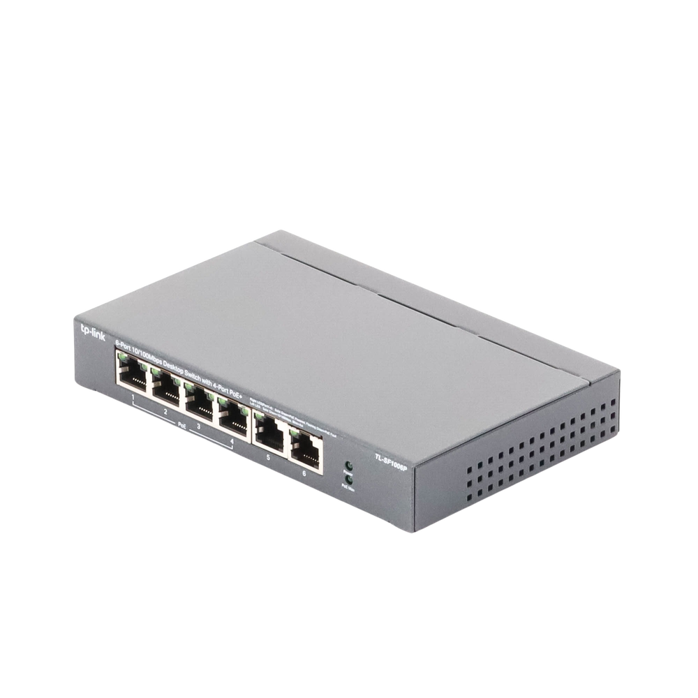 Switch PoE no Administrable de escritorio 6 puertos 10/100 Mbps, 4 puertos PoE, 67 W