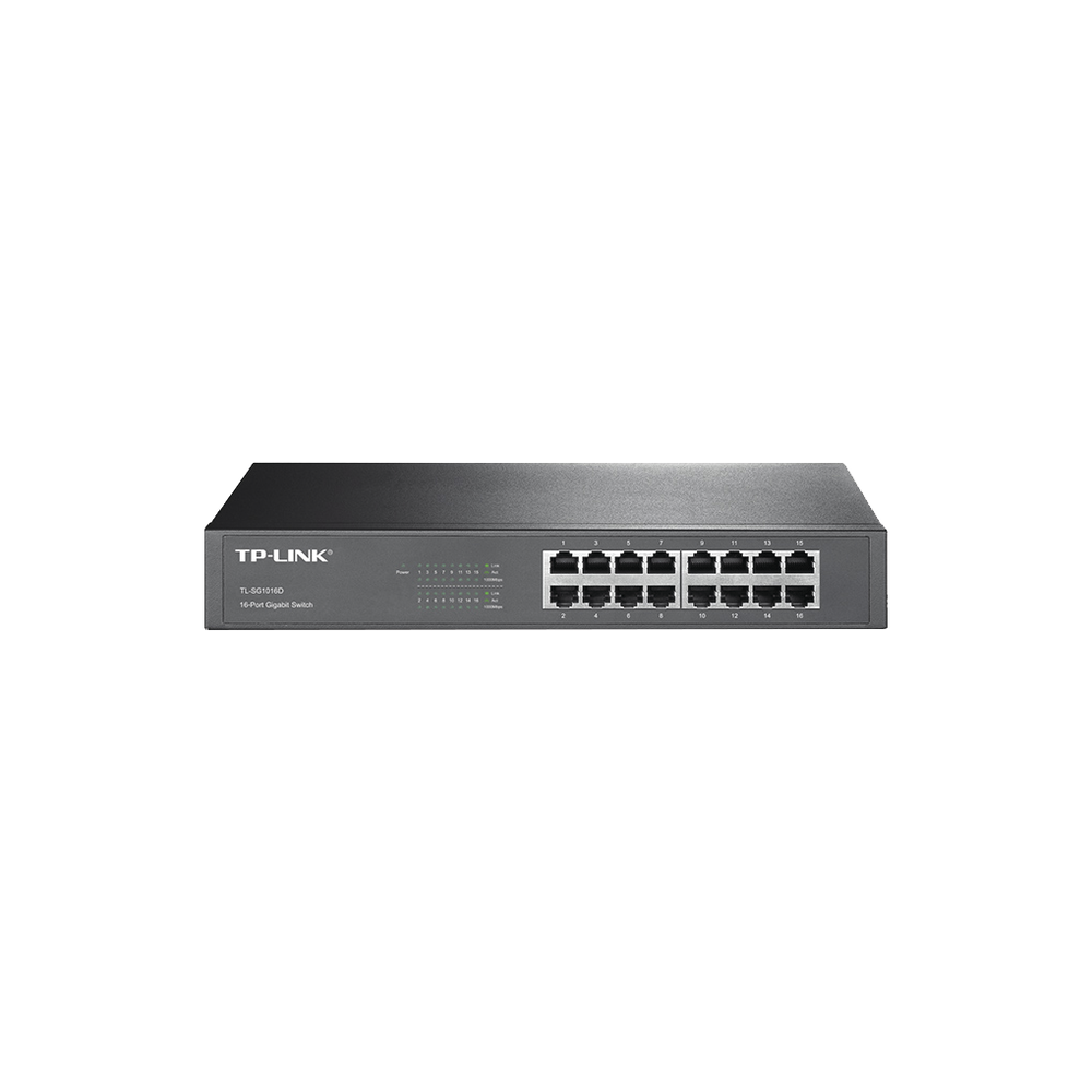 TP-Link - Conmutador no administrado Gigabit Ethernet TL-SG1016D de 16 puertos, listo para usar, metálico, para escritorio o montaje en rack, sin ventilador, vida útil limitada