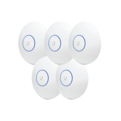 Paquete de 5 Access Point UniFi de largo alcance, Doble banda 802.11ac MIMO2X2 para interior, PoE 802.3af, soporta 250 clientes, hasta 867 Mbps, Los equipos no incluyen poe se sugiere comprar aparte el modelo POE-24-12W-G