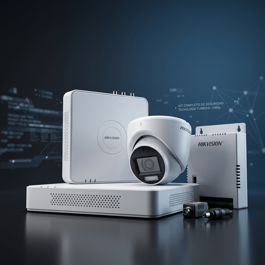 Hikvision Kit cámaras TurboHD 1080p / DVR 8 Canales con audio por coaxitron / 8 Cámaras con Micrófono Integrado 106° Visión/ luz blanca + IR visión nocturna / Transceptores / Conectores / Fuente de Poder Profesional