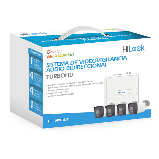 Kit TurboHD 1080p DVR 4 Canales + 4 Cámaras Bala Dual Light IR + Luz Blanca, Audio Bidireccional H.265+