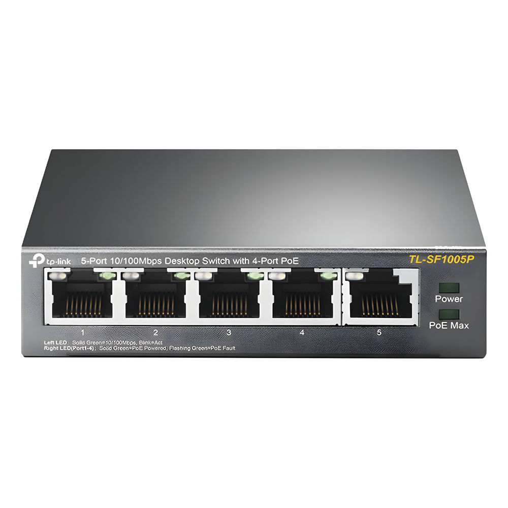 Switch PoE no Administrable de escritorio 5 puertos 10/100 Mbps, 4 puertos PoE, 58 W