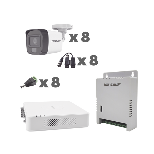 Hikvision Kit cámaras TurboHD 1080p / DVR 8 Canales con audio por coaxitron / 8 Cámaras con Micrófono Integrado 101° Visión/ luz blanca + IR visión nocturna / Transceptores / Conectores / Fuente de Poder Profesional