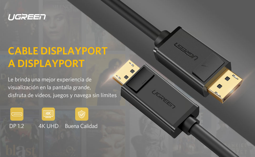 UGREEN Cable DisplayPort 1.2 Macho a Macho Longitud 3m  Versión DP1.2  Soporta 4K@60Hz; 2K@144Hz Soporta 3D  Color profundo de 8 y 10 bits Blindaje Interno Múltiple