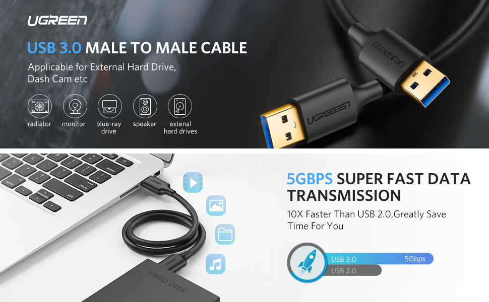 UGREEN - Cable USB a USB, USB 3.0 de 5 Gbps, cable de nailon duradero macho a macho,