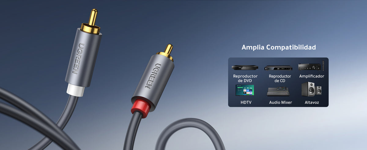 UGREEN Cable de Audio 2 RCA Macho a 2 RCA Macho / 3 Metros / Color Negro / Alta Calidad /Anillos de goma para asegurar un agarre firme al instalar o quitar el cable