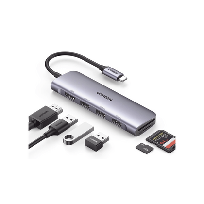 HUB USB-C (Docking Station) 6 en 1 | HDMI 4K@30Hz | 3 Puertos USB 3.0 | Lector Tarjeta SD + Micro SD (TF) Uso Simultáneo | Chip de Última Generación | Potente Disipación de Calor |  Caja de Aluminio.