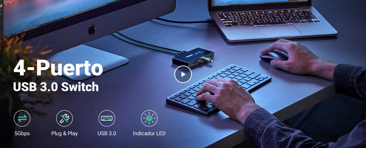 UGREEN Conmutador USB para Compartir 4 Puertos USB 3.0 a 2 PCs | Cambio Mediante Botón