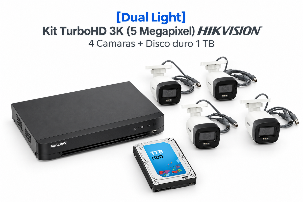 Kit TurboHD 3K (5 Megapixel) / DVR 4 Canales / 4 Cámaras Bala para Exterior y Metal + Disco Duro 1TB