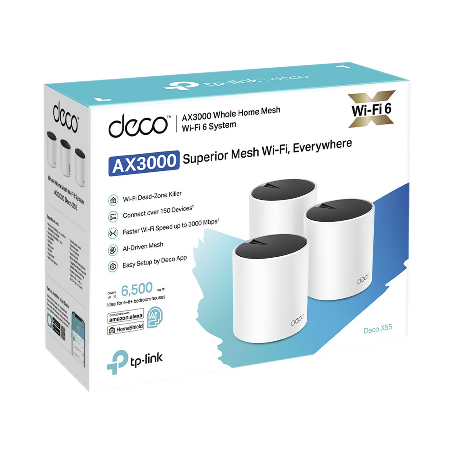 Kit 3 Routers Inalámbricos MESH Interior para Hogar / Doble Banda Wi-Fi 6 AX3000 Mbps / 3 Puerto Gigabit WAN/LAN / 2 Antenas Internas / Administración Mediante la App Deco (iOS, Android) / Protección HomeShield