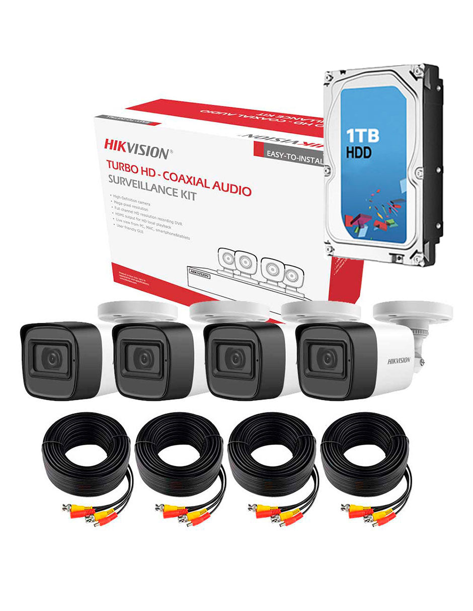 Hikvision Kit cámaras TURBOHD 5 Megapixel + Disco Duro 1TB / DVR 4 Canales / 4 Cámaras Bala con Micrófono Integrado (exterior 2.8 mm) / Fuente de Poder / Accesorios de Instalación