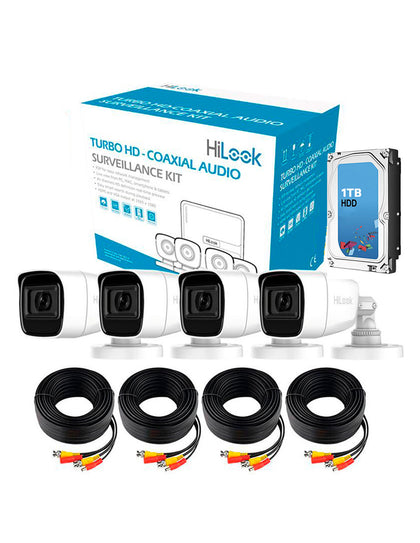 Hikvision Kit TurboHD 1080p Lite + Disco Duro 1TB  / DVR 4 canales / Audio por Coaxitron / 4 Cámaras Bala de Policarbonato con Micrófono Integrado