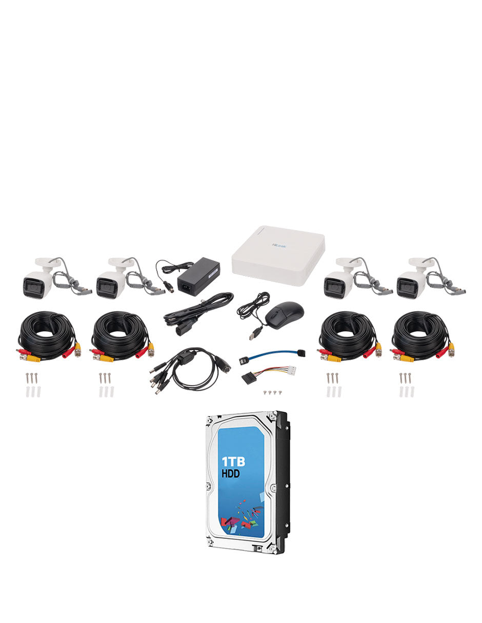 Hikvision Kit TurboHD 1080p Lite + Disco Duro 1TB  / DVR 4 canales / Audio por Coaxitron / 4 Cámaras Bala de Policarbonato con Micrófono Integrado