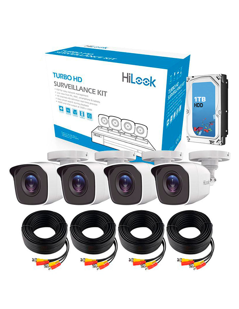 Kit de Cámaras de Seguridad de 4 Cámaras Hilook Full HD 1080p Bala color Blanco Metálicas Disco Duro 1TB