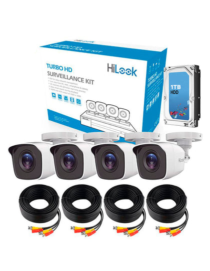 Hikvision Kit cámaras TurboHD 1080p + Disco Duro 1TB / H.265+/ DVR 4 canales / 4 Cámaras Bala de Metal / Fuente de Poder / Accesorios de Instalación