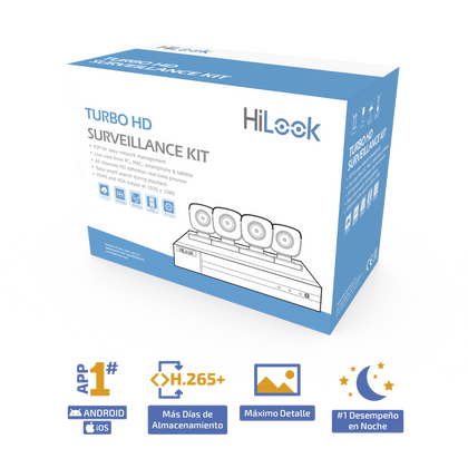 Kit cámaras TurboHD 1080p Hikvision / DVR 8 canales con H.265+ / 4 Cámaras Bala Metálicas / Fuente de Poder / Accesorios de Instalación