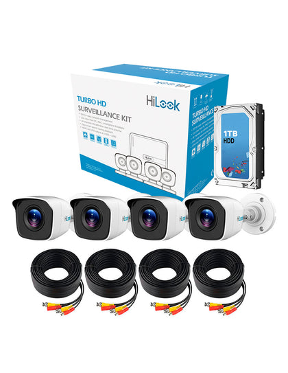 Hikvision Kit cámaras TurboHD 720p + Disco Duro 1TB / DVR 4 canales  / 4 Cámaras Bala de Metal / 4 Cables 18 Mts / 1 Fuente de Poder Profesional
