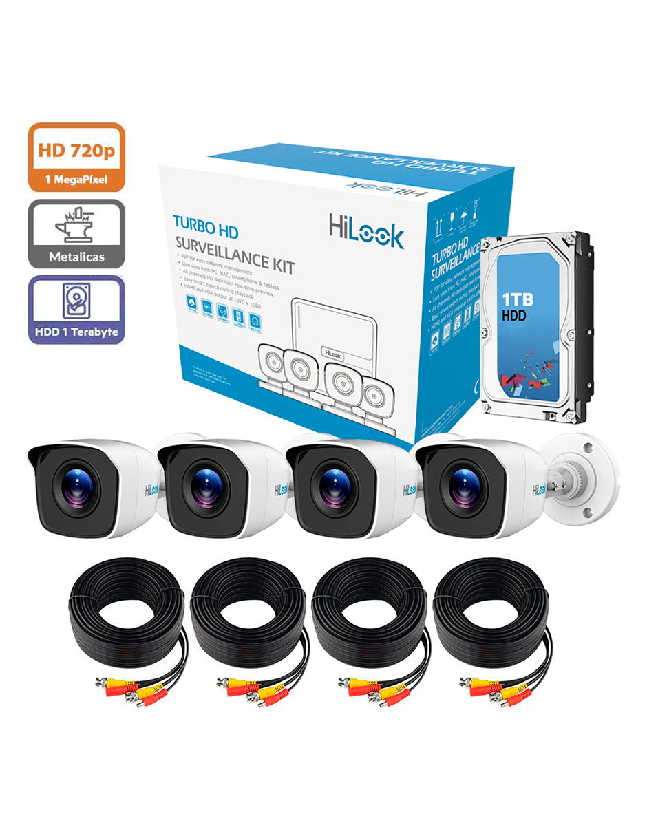 Hikvision Kit cámaras TurboHD 720p + Disco Duro 1TB / DVR 4 canales  / 4 Cámaras Bala de Metal / 4 Cables 18 Mts / 1 Fuente de Poder Profesional