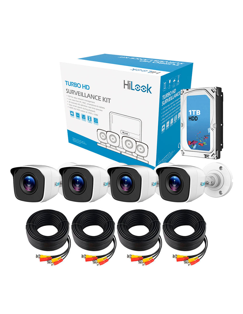 Hikvision Kit cámaras TurboHD 720p + Disco Duro 1TB / DVR 4 canales / 4 Cámaras Bala de Policarbonato / 4 Cables 18 Mts / 1 Fuente de Poder Profesional