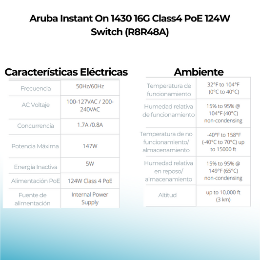Switch Aruba Gigabit Ethernet Instant On 1430 16g, 16 Puertos Clase 4 Poe (124w) - 16 Puertos 1g, No Administrable