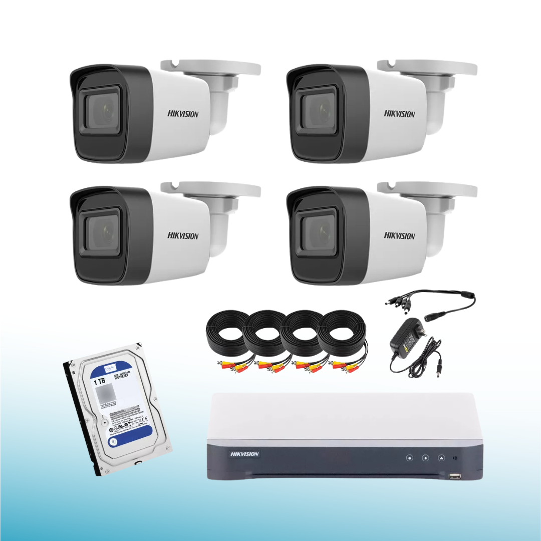 Kit Cctv 5 Megapixel 4 Cámaras Tipo Bala Metálicas Micrófono Integrado Disco Duro 1 TB HILOOK HIK5MPSLQ-KIT-1TB