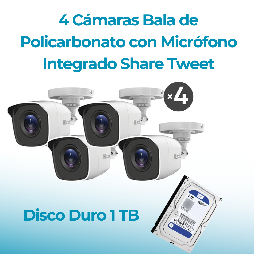Kit Cctv Hilook 1080p 4 Cámaras Tipo Bala Micrófono Integrado + Disco Duro HL1080PS-1TB Hilook HL1080PS-1TB