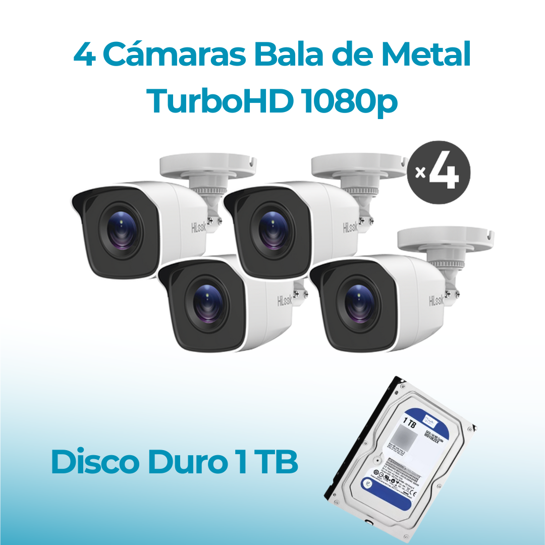 Kit de Cámaras Hikvision 1080p TurboHD: DVR 4 Canales, 4 Cámaras Metálicas, Disco Duro 1TB, H.265+, Fuente y Accesorios