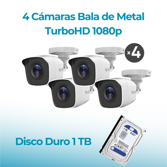 Kit de Cámaras de Seguridad de 4 Cámaras Hilook Full HD 1080p Bala color Blanco Metálicas Disco Duro 1TB