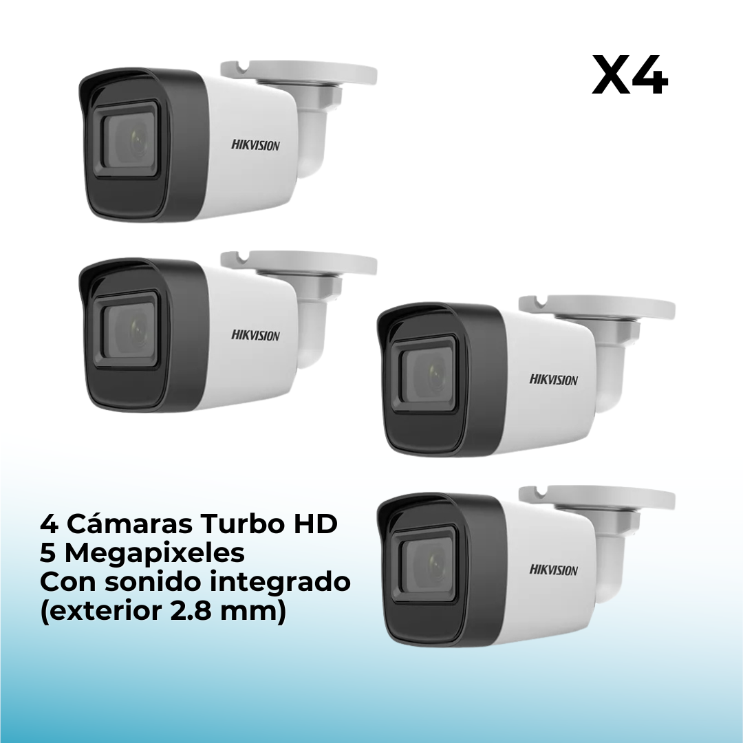 Kit de Cámaras Hikvision TurboHD 1080p Lite con Micrófono Integrado | DVR 4 Canales con Audio por Coaxitron | 4 Cámaras Bala de Policarbonato