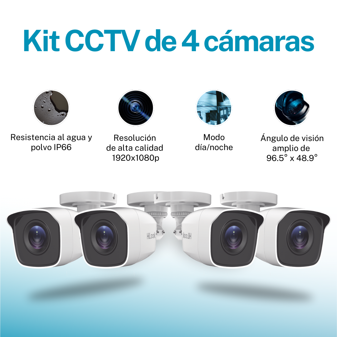 Kit de Cámaras de Seguridad de 4 Cámaras Hilook Full HD 1080p Bala color Blanco Metálicas Disco Duro 1TB