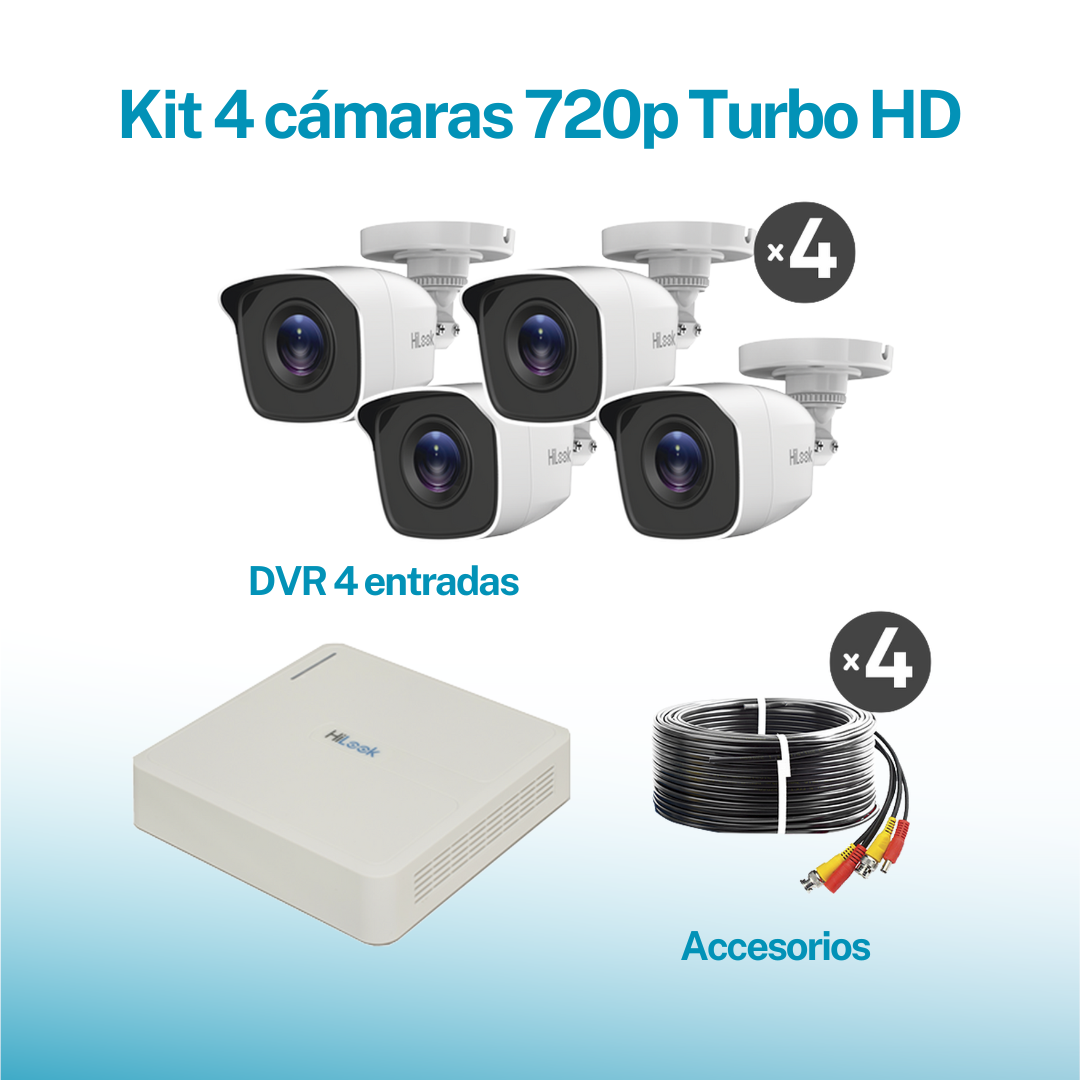 Kit TurboHD 720p / DVR 4 canales / 4 Cámaras Bala de Metal + Disco Duro 1TB