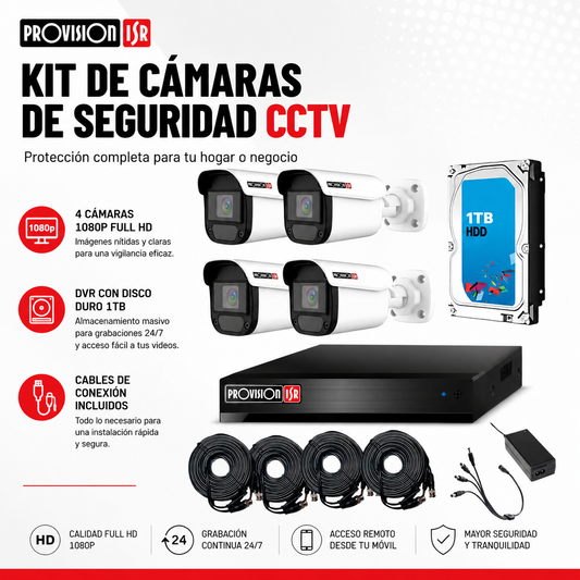 Kit de Cámaras de Seguridad CCTV Provision ISR, 4 Cámaras 1080p Full HD, DVR con Disco Duro 1TB, Cables de Conexión