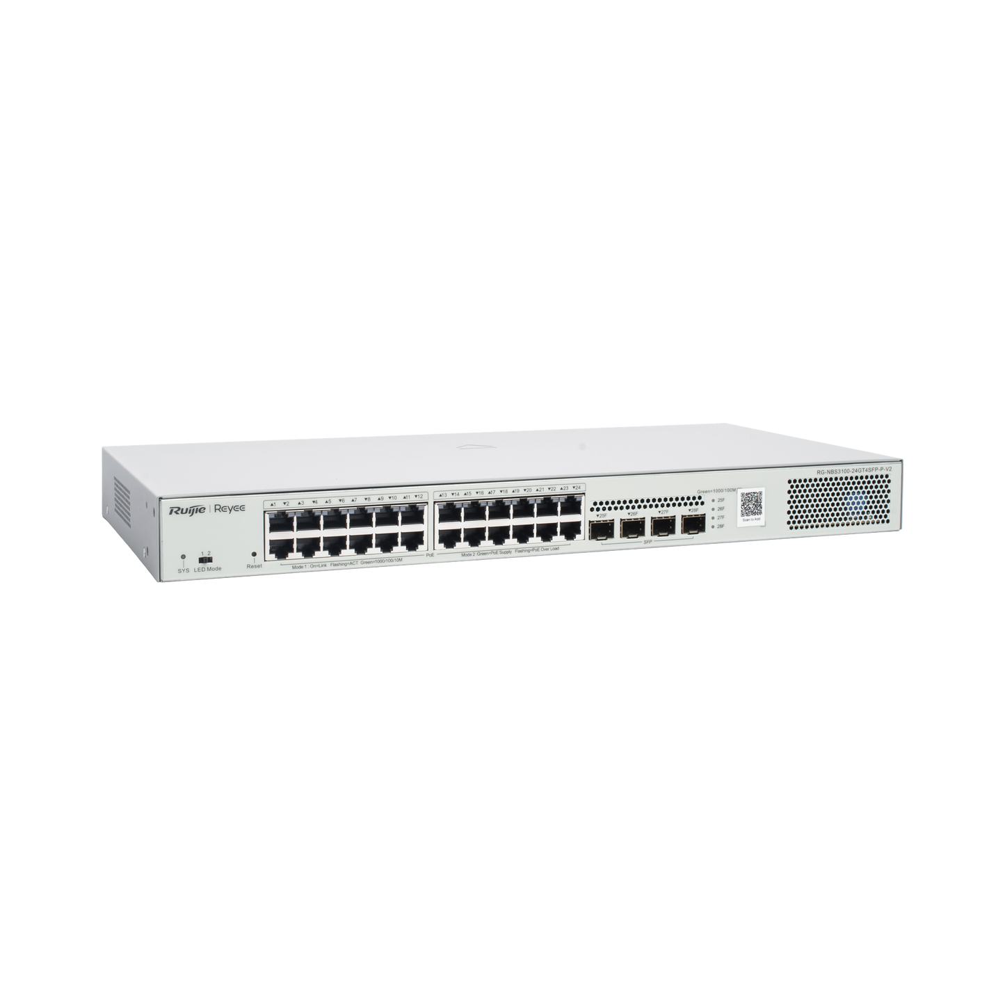Switch Administrable L2 PoE+ hasta 370W, 24 Puertos Eth 1G, 4 puertos SFP 1G, Administración Remota en la Nube.