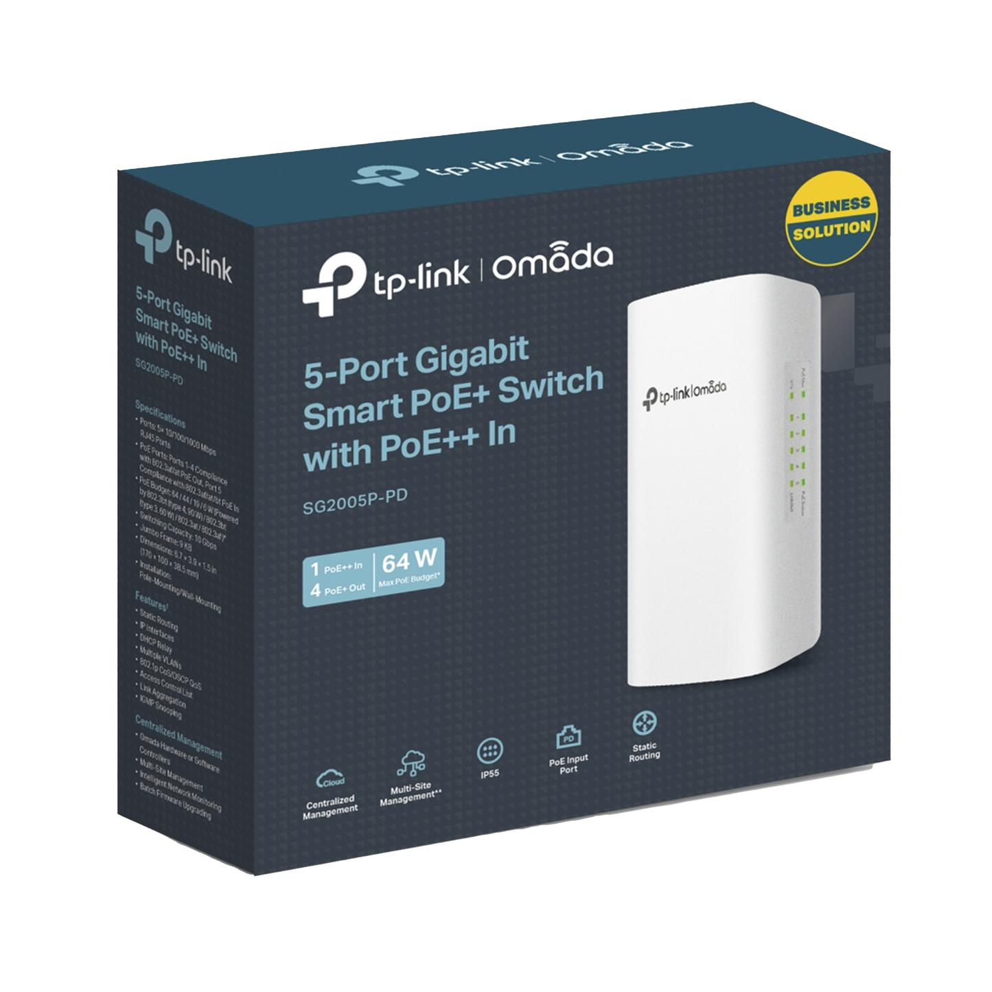 Switch PoE Omada Para Exterior / 1 Puerto PoE++ IN 802.3 af/at/bt / 4 Puertos PoE+ OUT Gigabit / Adminstración Centralizada Omada