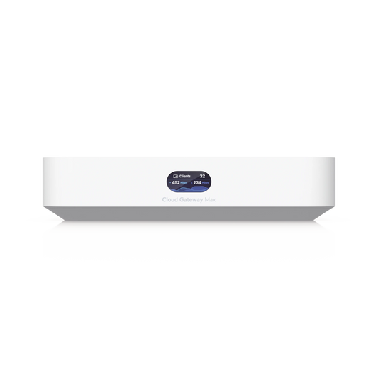UniFi Cloud Gateway MAX, Router con todos los servicios UniFi, administra hasta 30 dispositivos UniFi y 300 clientes. 1 pto WAN 2.5G, 4 pts LAN 1G (uno configurable como WAN), seguridad IDS/IPS, VPN, bloqueo de apps/URLs, 512 GB memoria interna