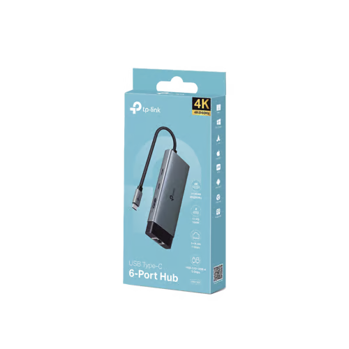 Adaptador HUB 6 en 1, 1 puerto USB-C entrada, 1 puerto HDMI 4K, 1 puerto Ethernet Gigabit, 1 puerto USB-C y 2 puertos USB-A