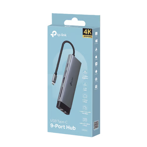 Adaptador HUB 9 en 1, 1 puerto USB-C entrada, 1 puerto HDMI 4K, 1 puerto Ethernet Gigabit, 1 puerto SD y MicroSD, 1 puerto USB-C y 3 puertos USB-A