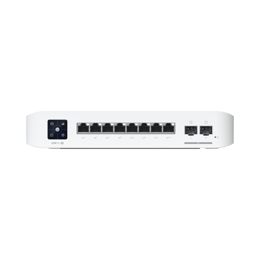 Switch UniFi Pro 8 PoE Administrable Capa 3, 8 puertos GbE / (6) puertos POE+ af/at y (2) puertos POE++ 802.3bt / (2) puertos SFP+ 10G / 120W de presupuesto POE