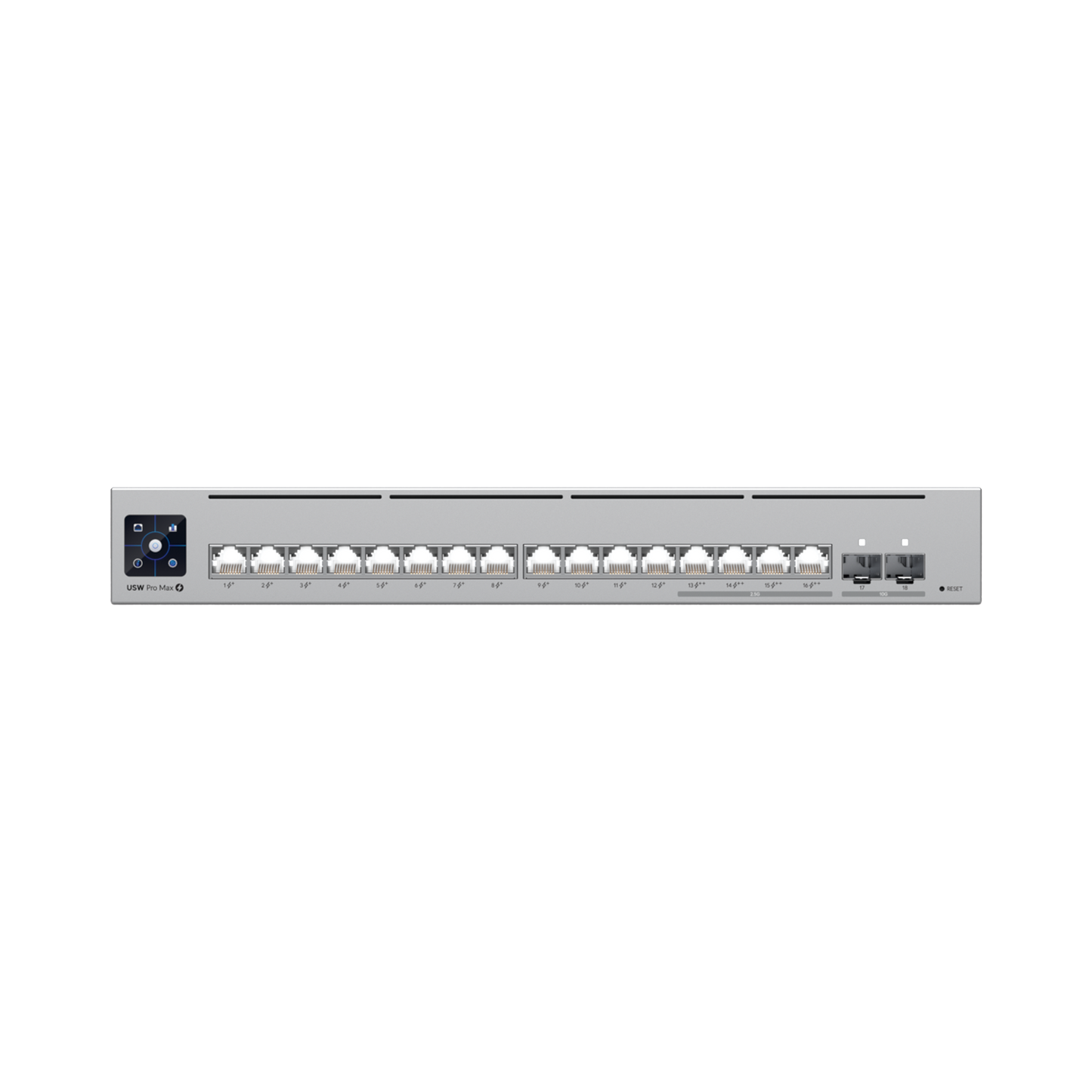 UniFi Switch Pro Max 16 PoE con funciones Capa 3, 16 puertos EtherLight RGB / (4) puertos 2.5 GbE POE++ y (12) puertos GbE POE+ /(2) puertos SFP+ 10G /con pantalla táctil informativa, hasta 180W de presupuesto POE