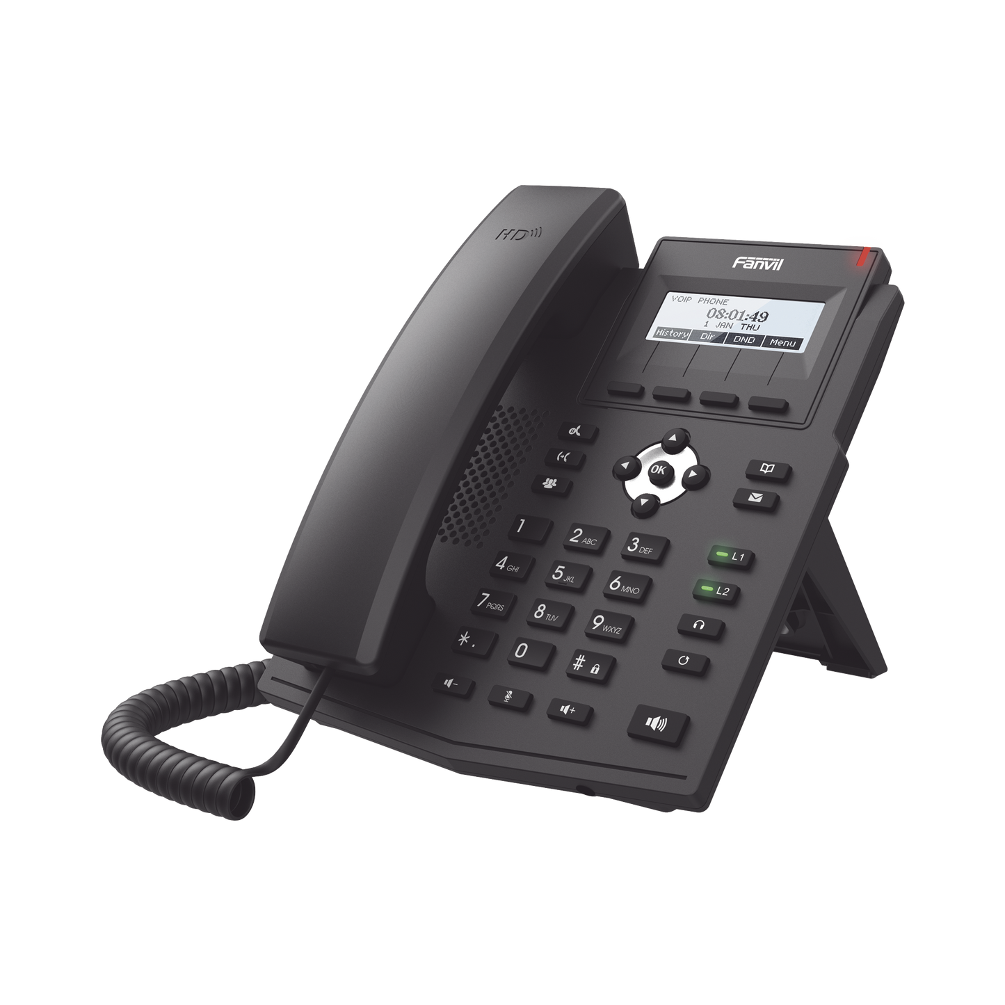 Teléfono IP empresarial para 2 lineas SIP con pantalla LCD, Códec Opus, conferencia de 3 vías, PoE.