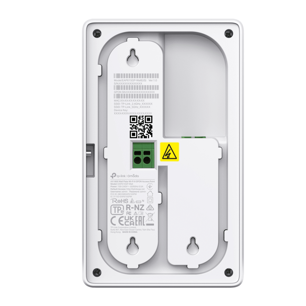 Punto de Acceso GPON Omada / WiFi 6 AX1800 / 1 puerto GPON / 1 Puerto FXS / 2 Puertos 10/100/1000 RJ45 / Mesh Omada / Configuración por Controlador o Stand-Alone / Para Montaje en Pared