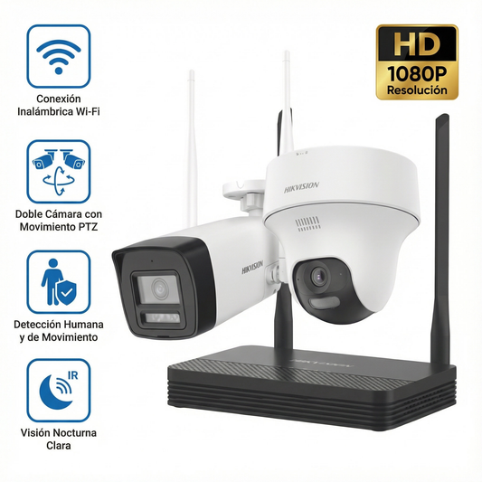 Kit de Videovigilancia IP Inalámbrico 2MP con NVR 4 Canales | 2 Cámaras WiFi Full HD para Interior y Exterior