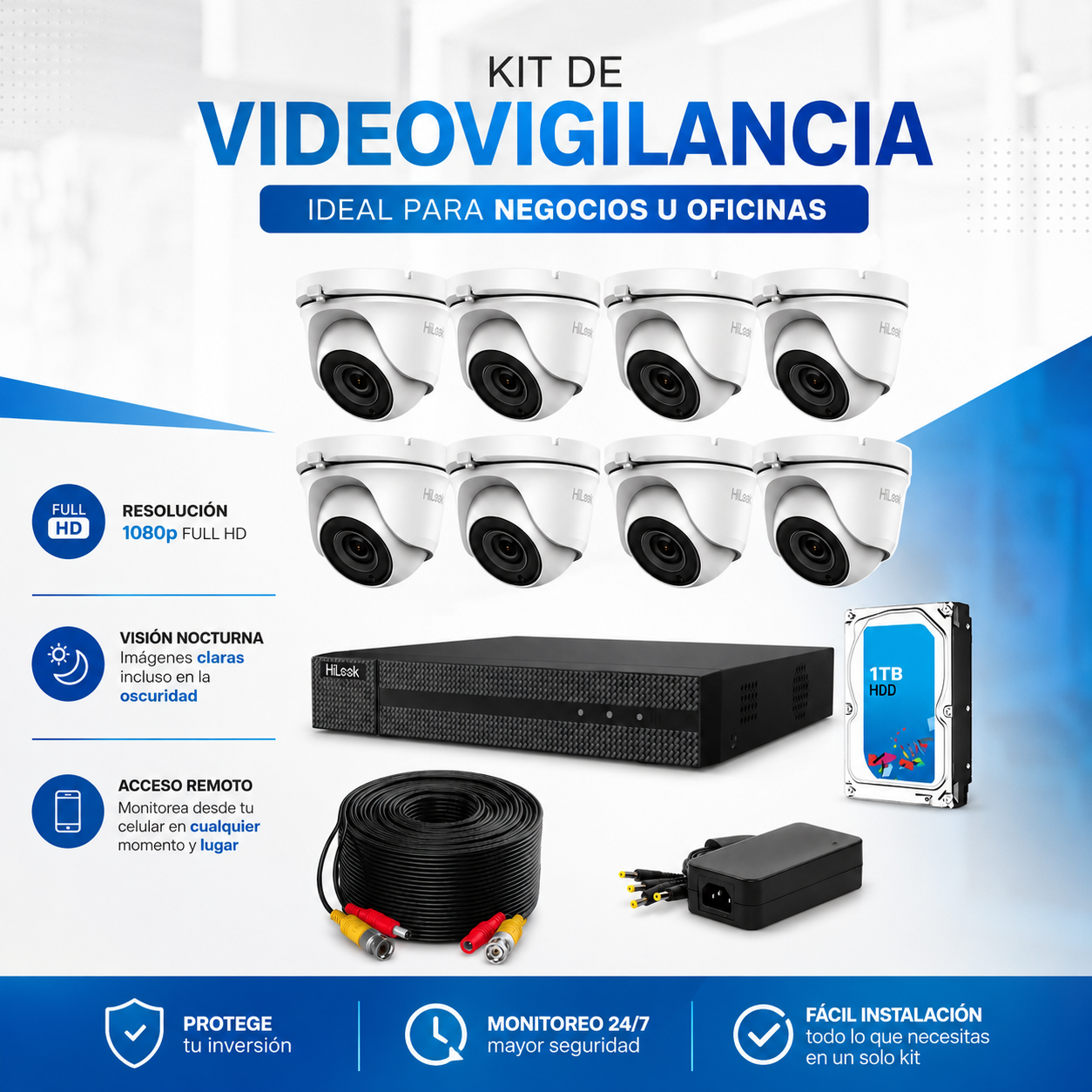 Kit de Cámaras de Seguridad TurboHD 8 Cámaras 1080P Metálicas + DVR 8 Canales + Disco Duro 1TB