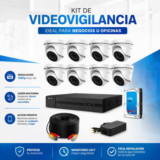 Kit de Cámaras de Seguridad TurboHD 8 Cámaras 1080P Metálicas + DVR 8 Canales + Disco Duro 1TB