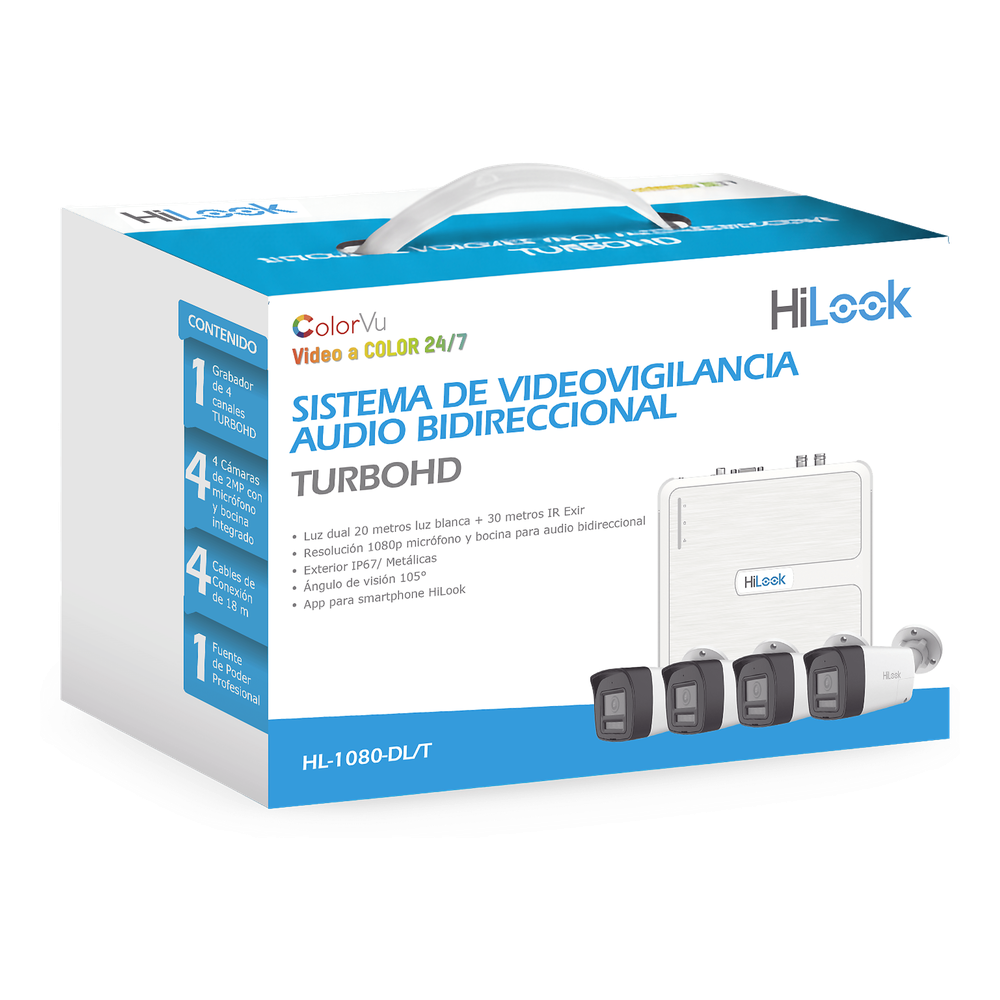 Kit TurboHD 1080p DVR 4 Canales + 4 Cámaras Bala Dual Light IR + Luz Blanca, Audio Bidireccional H.265+