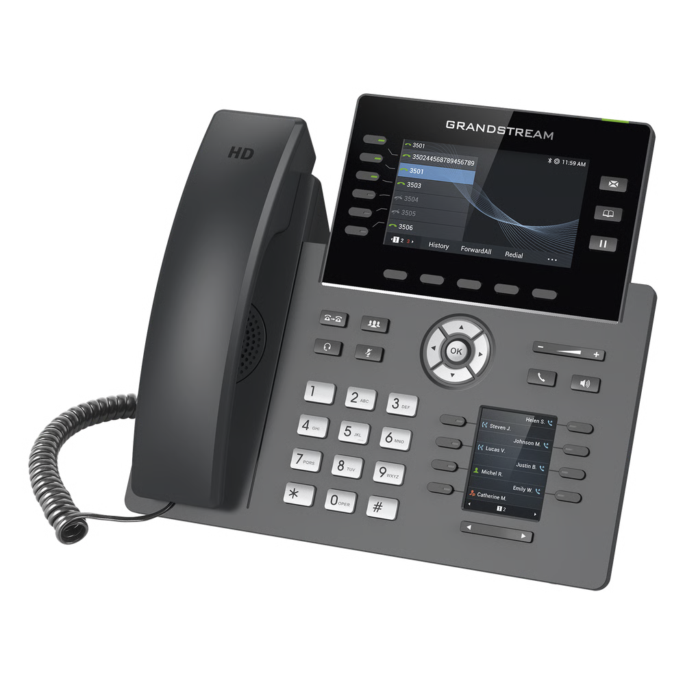 Teléfono IP Wi-Fi, Grado Operador, 6 líneas SIP con 6 cuentas, pantalla a color 4.3", puertos Gigabit, Bluetooth, PoE, codec Opus, IPV4/IPV6 con gestión en la nube GDMS